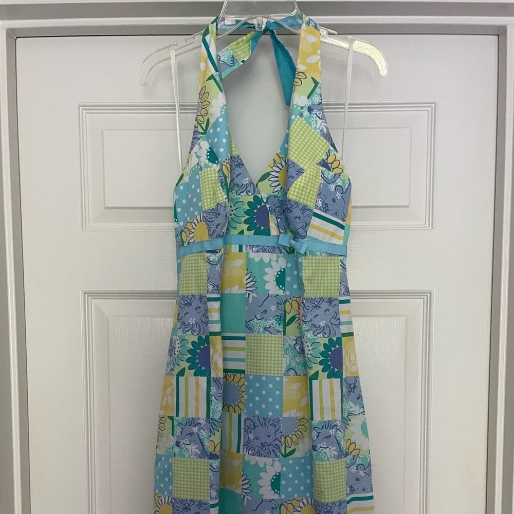 Lilly Pulitzer Halter Patchwork Zoo Dress Size 4 Blue/Green/Yellow